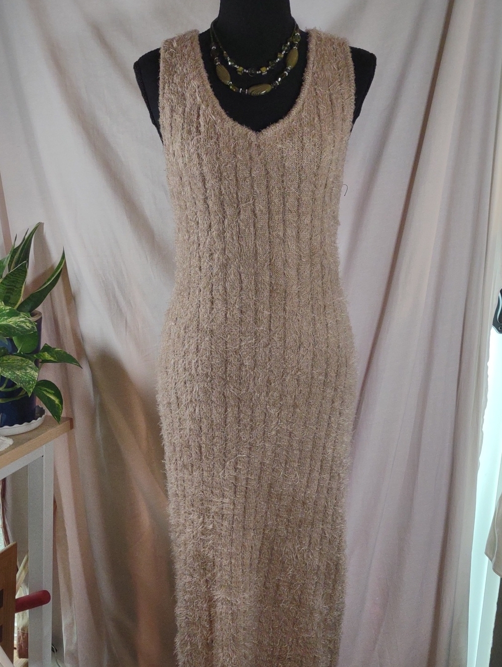 NWOT Almost Famous Sleeveless Fuzzy Knit Maxi Dress in Beige - Size XL